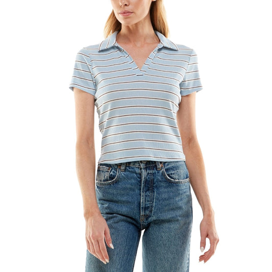 ULTRA FLIRT Womens Tops XS / Blue ULTRA FLIRT - Ribbed V-Neck Polo T-Shirt