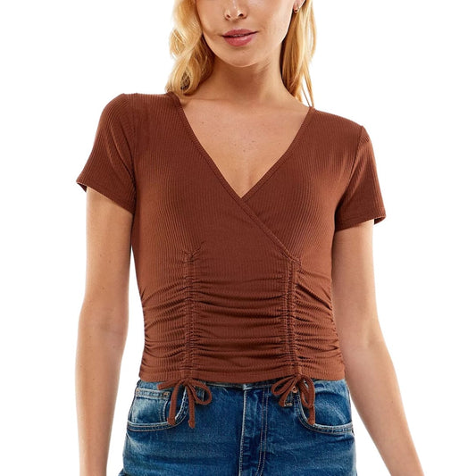 ULTRA FLIRT Womens Tops L / Brown ULTRA FLIRT - Ruched Surplice-Neck Top