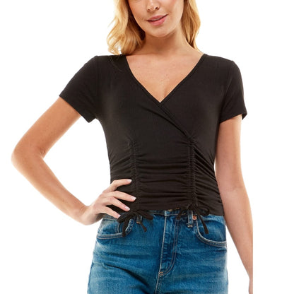 ULTRA FLIRT Womens Tops XS / Black ULTRA FLIRT - Ruched Surplice-Neck Top