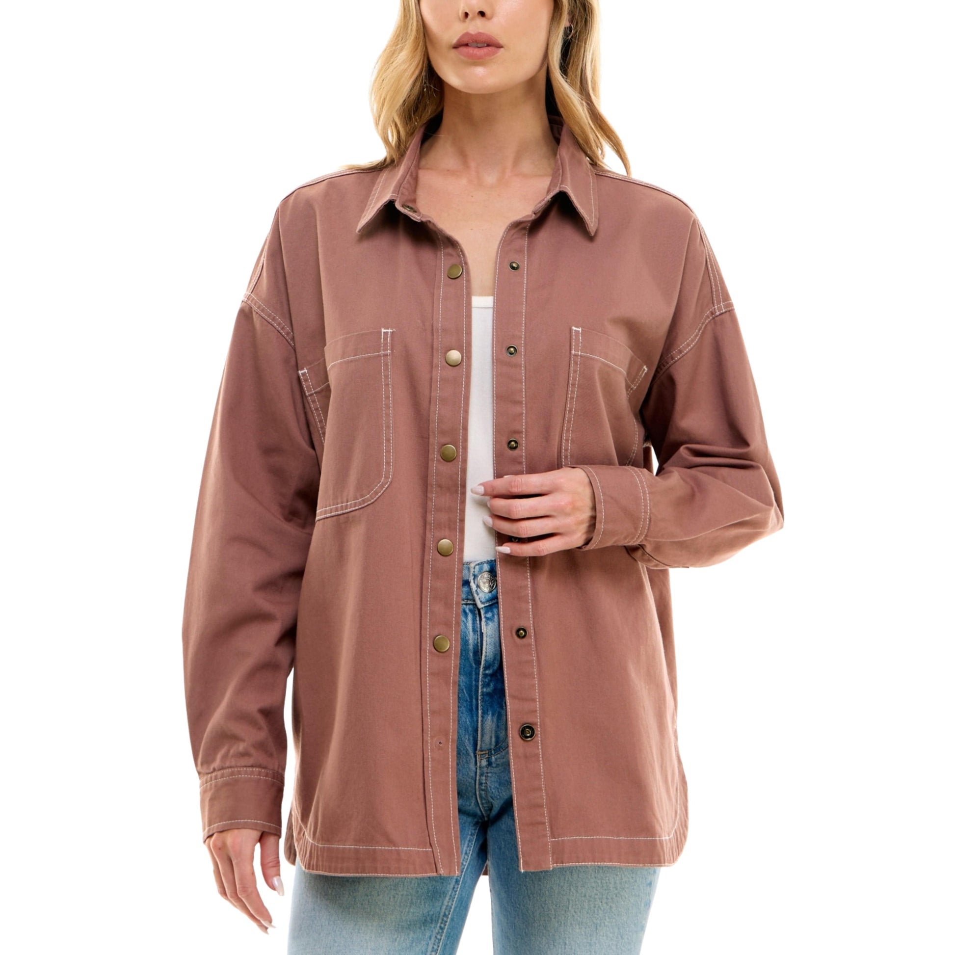 ULTRA FLIRT Womens Tops XS / Brown ULTRA FLIRT - Twill Snap-Front Shacket