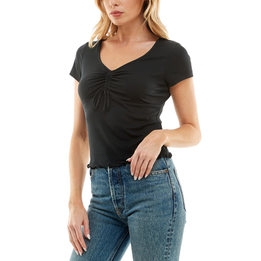 ULTRA FLIRT Womens Tops XS / Black ULTRA FLIRT -  V-Neck Cinch-Front Short-Sleeve Top