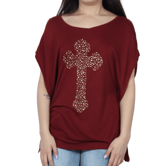 URBAN SURFACE Womens Tops XS / Burgundy URBAN SURFACE - Sparkle design round neck t-shirt
