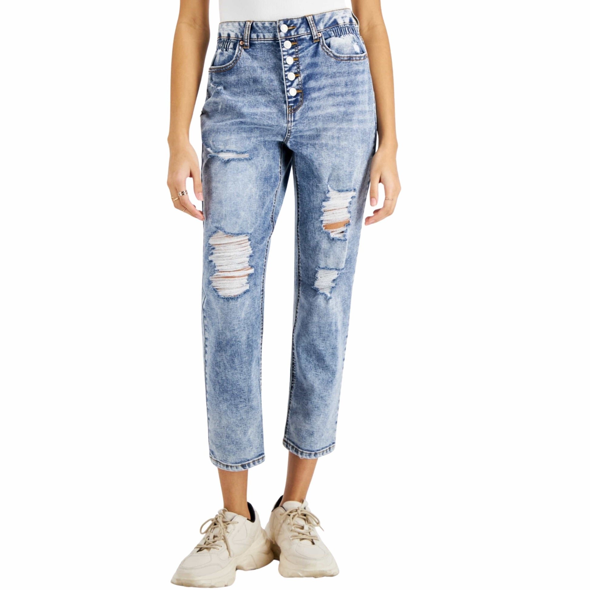 VANILLA STAR Womens Bottoms M / Blue VANILLA STAR - Ripped Button-Fly Boyfriend Jeans