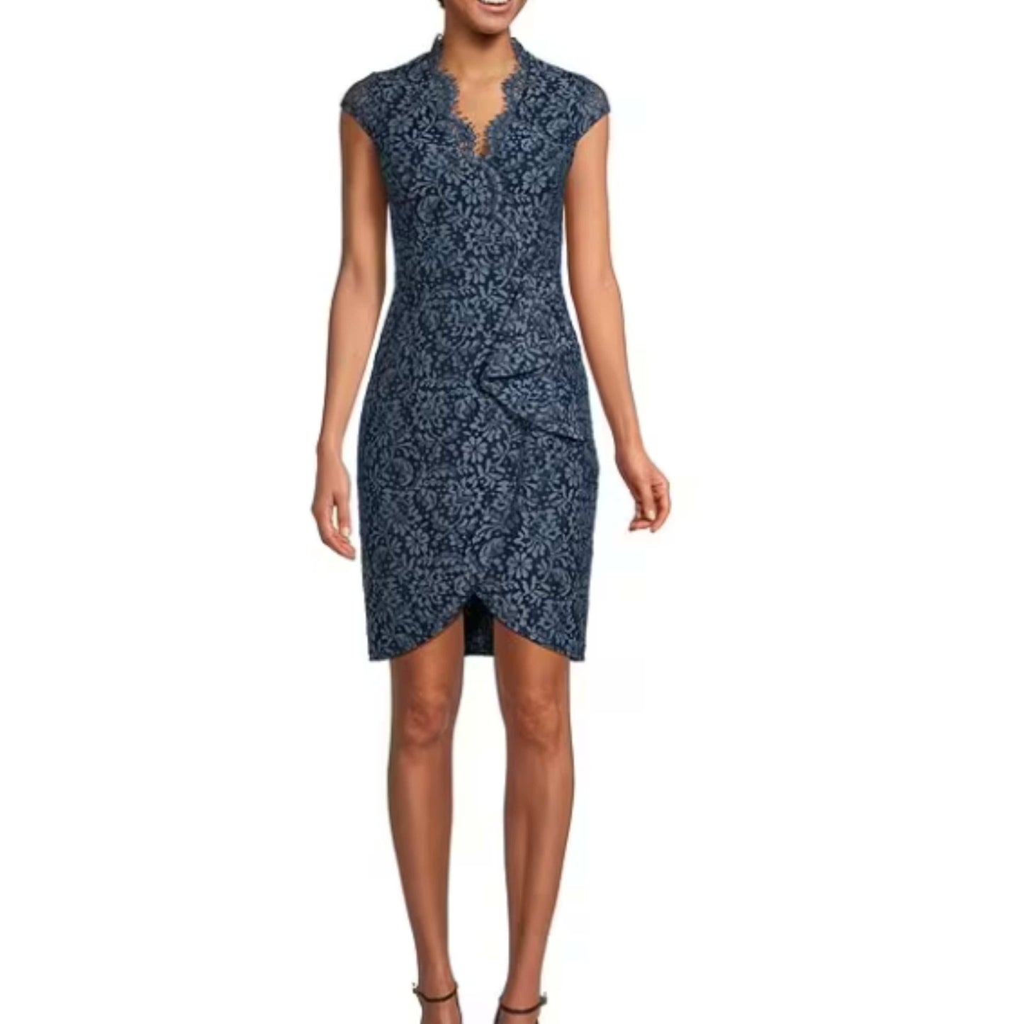 VINCE CAMUTO Womens Dress petite XS / Blue VINCE CAMUTO - Cap Sleeve Wrap Lace V-Neck Sheath Dress