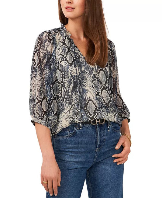 VINCE CAMUTO Womens Tops Petite S / Blue VINCE CAMUTO - Snake Print Keyhole Long Sleeve Top