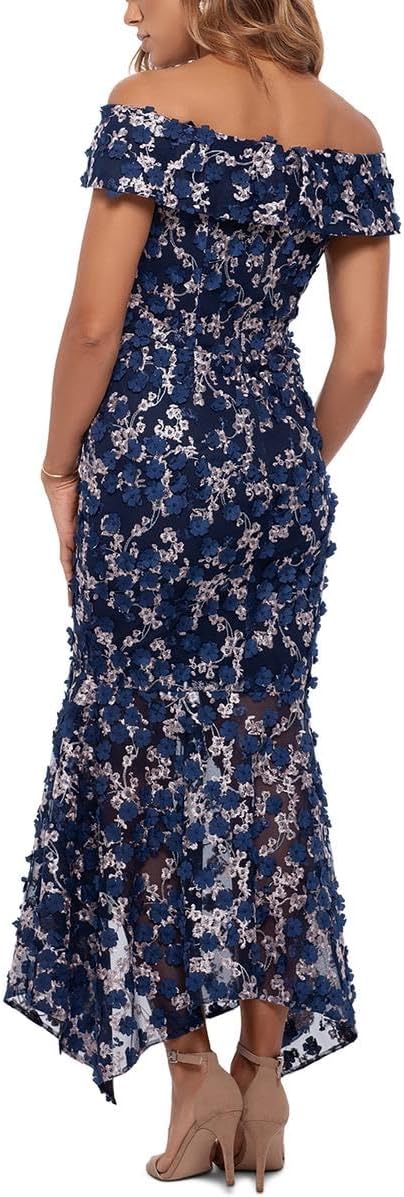 XSCAPE Womens Dress XXL / Navy XSCAPE - Floral Off-the-Shoulder Evening Dress
