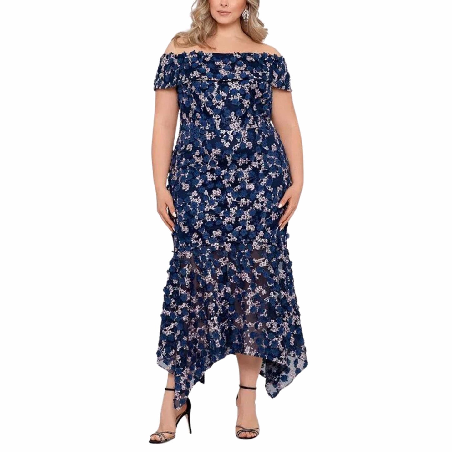 XSCAPE Womens Dress XXL / Navy XSCAPE - Floral Off-the-Shoulder Evening Dress