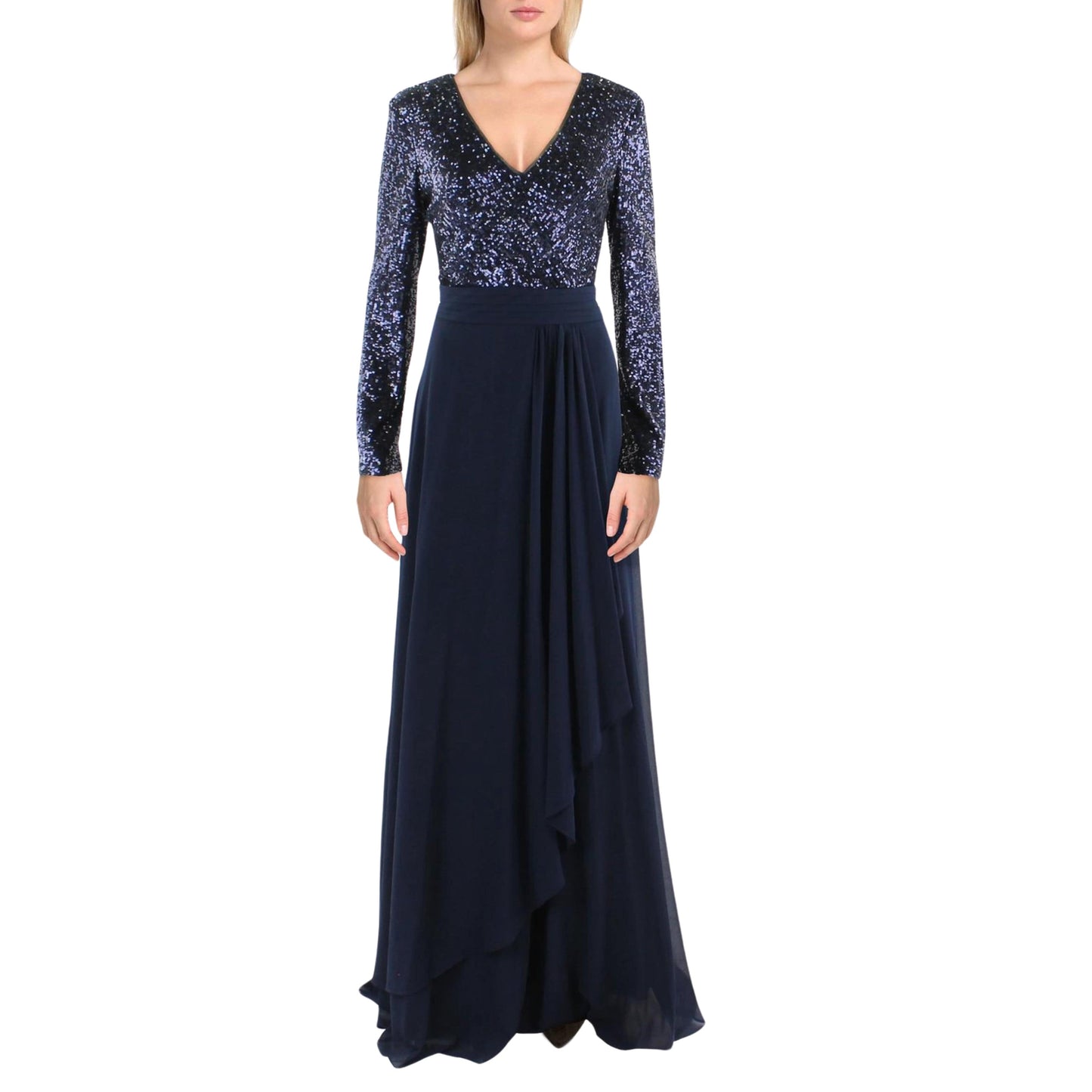 XSCAPE Womens Dress M / Navy XSCAPE - Sequined V-Neck Evening Dress