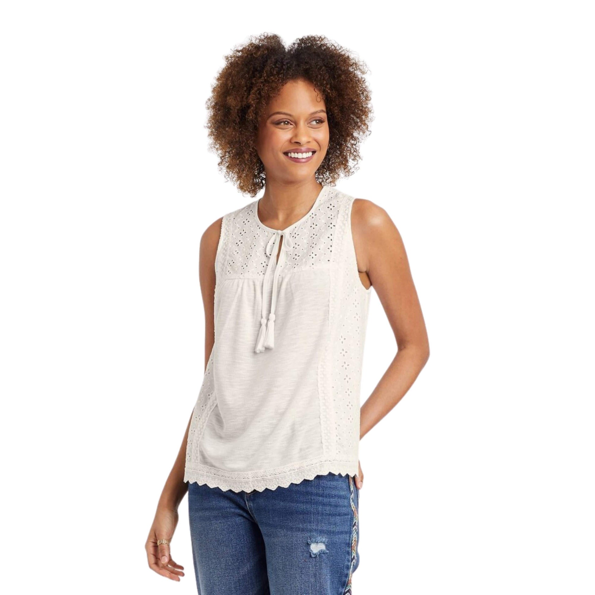 KNOX ROSE Womens Tops L / White KNOX ROSE - Eyelet Trim Blouse Top