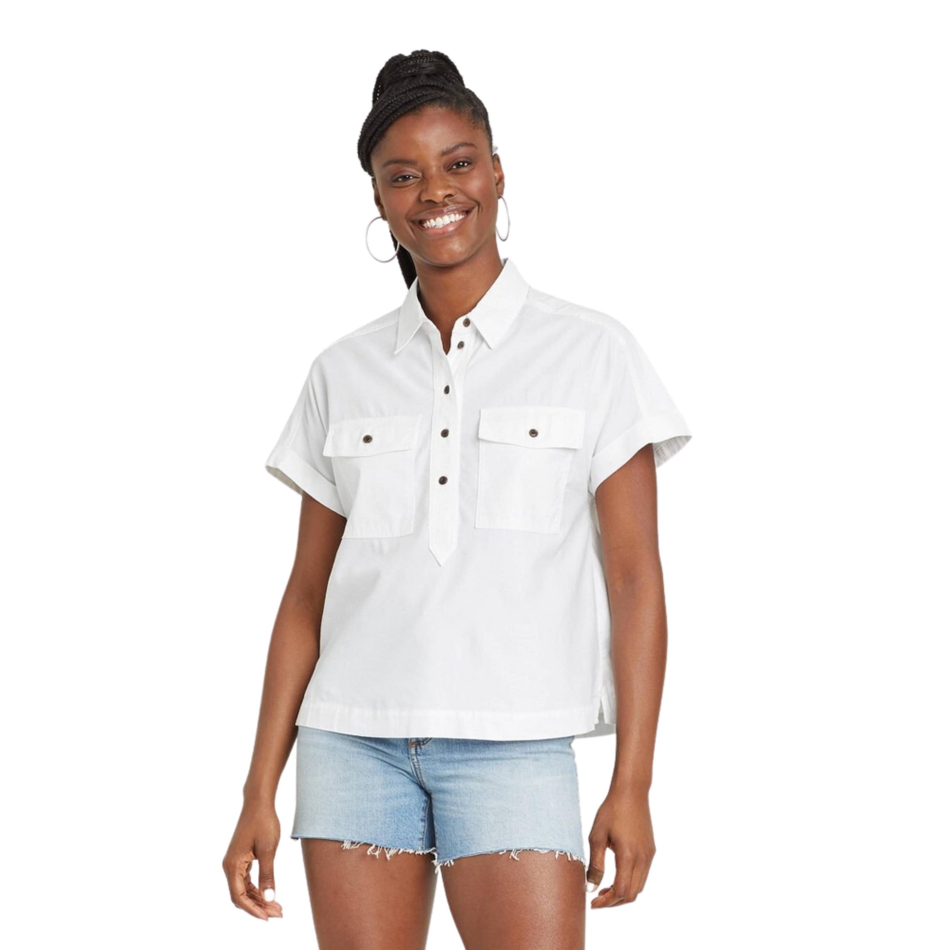 UNIVERSAL THREAD Womens Tops XXL / White UNIVERSAL THREAD - Dolman Short Sleeve Utility Button-Down Shirt