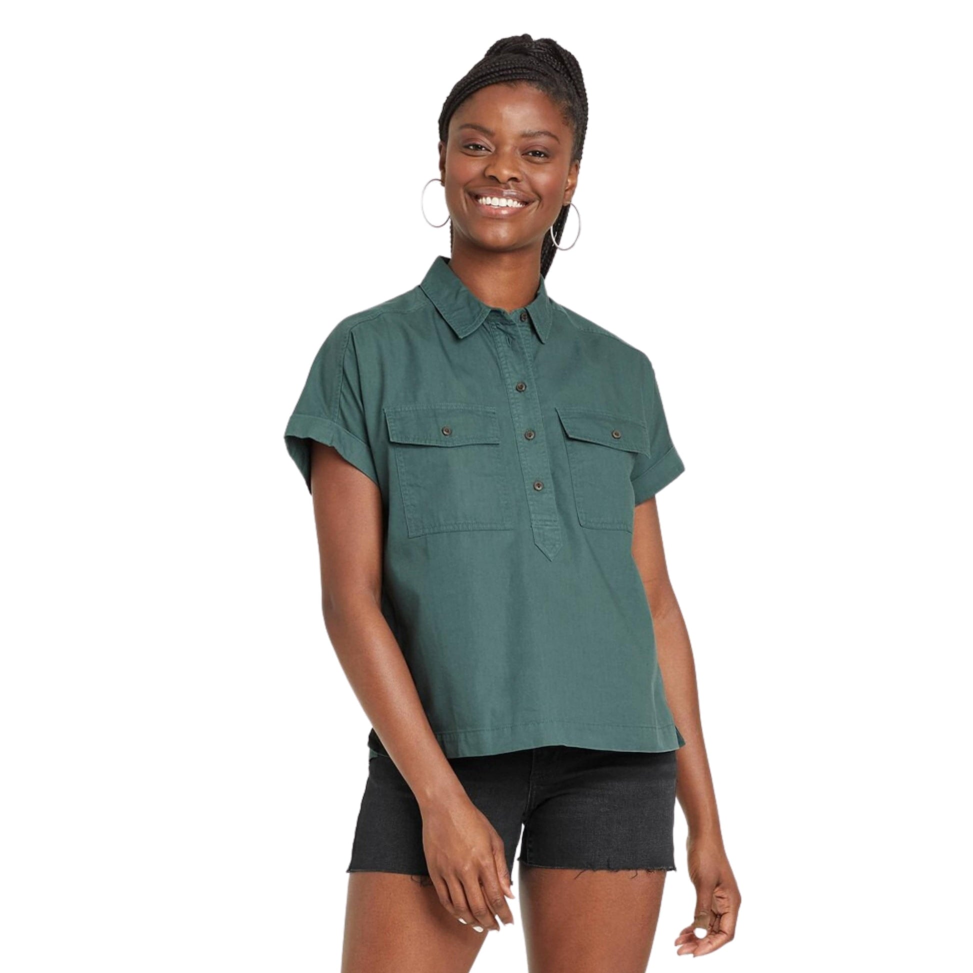 UNIVERSAL THREAD Womens Tops S / Green UNIVERSAL THREAD - Dolman Short Sleeve Utility Button-Down Shirt