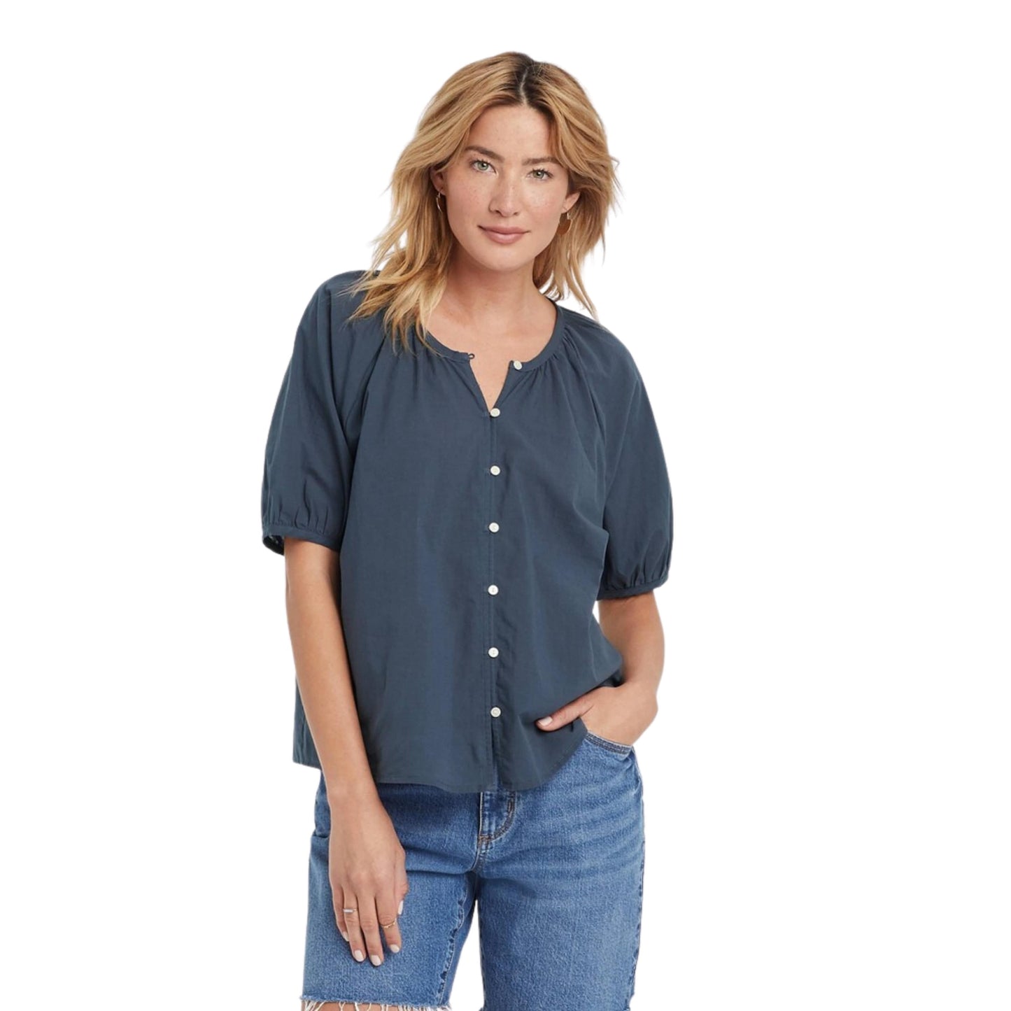 UNIVERSAL THREAD Womens Tops XS / Navy UNIVERSAL THREAD - Puffed Short Sleeve Button-Front Blouse